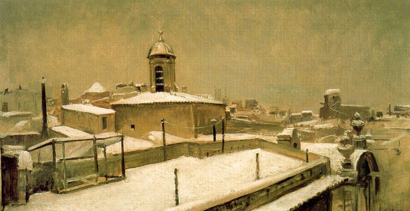 Snow on the Terrace, vintage artwork by Ramon Marti Alsina, 12x8" (A4) Poster