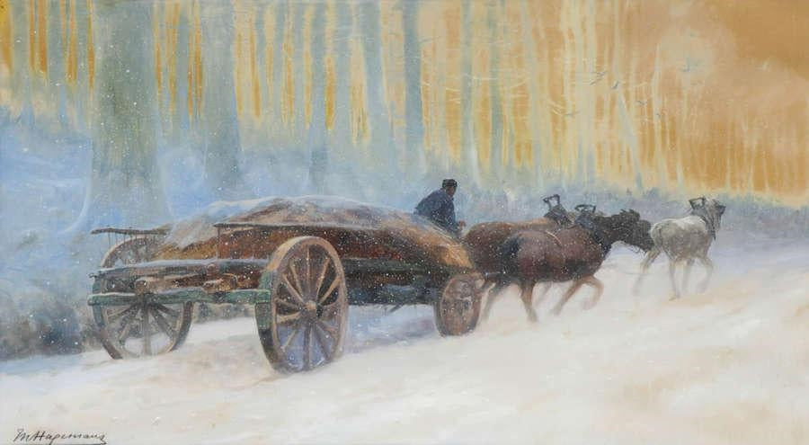 Peasant and Wagon pulled by Three Horses by Maurice Hagemans,A3(16x12")Poster