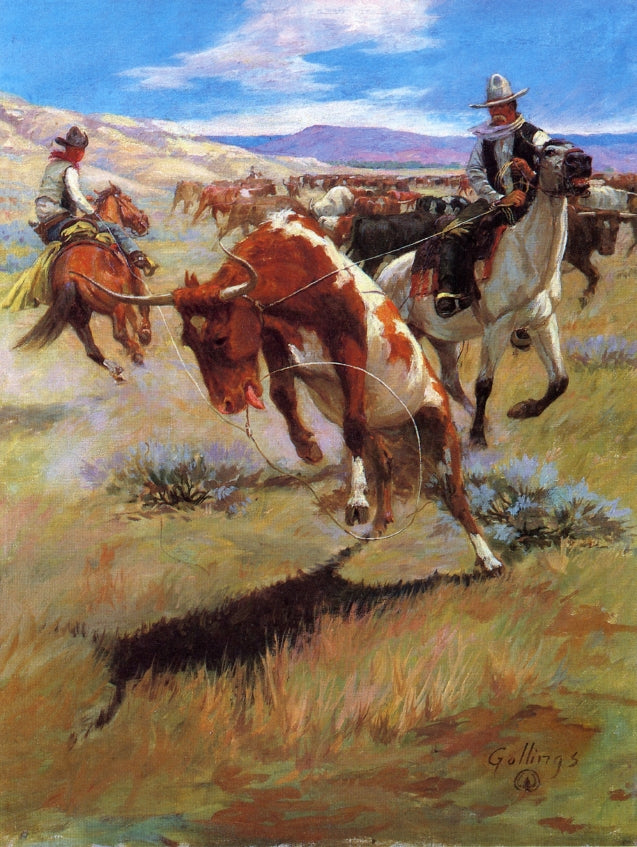 Roping a Steer, vintage artwork by William Gollings, 12x8" (A4) Poster