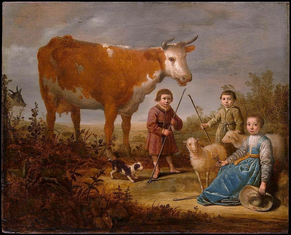 Children and a Cow, vintage artwork by Aelbert Cuyp, 12x8" (A4) Poster