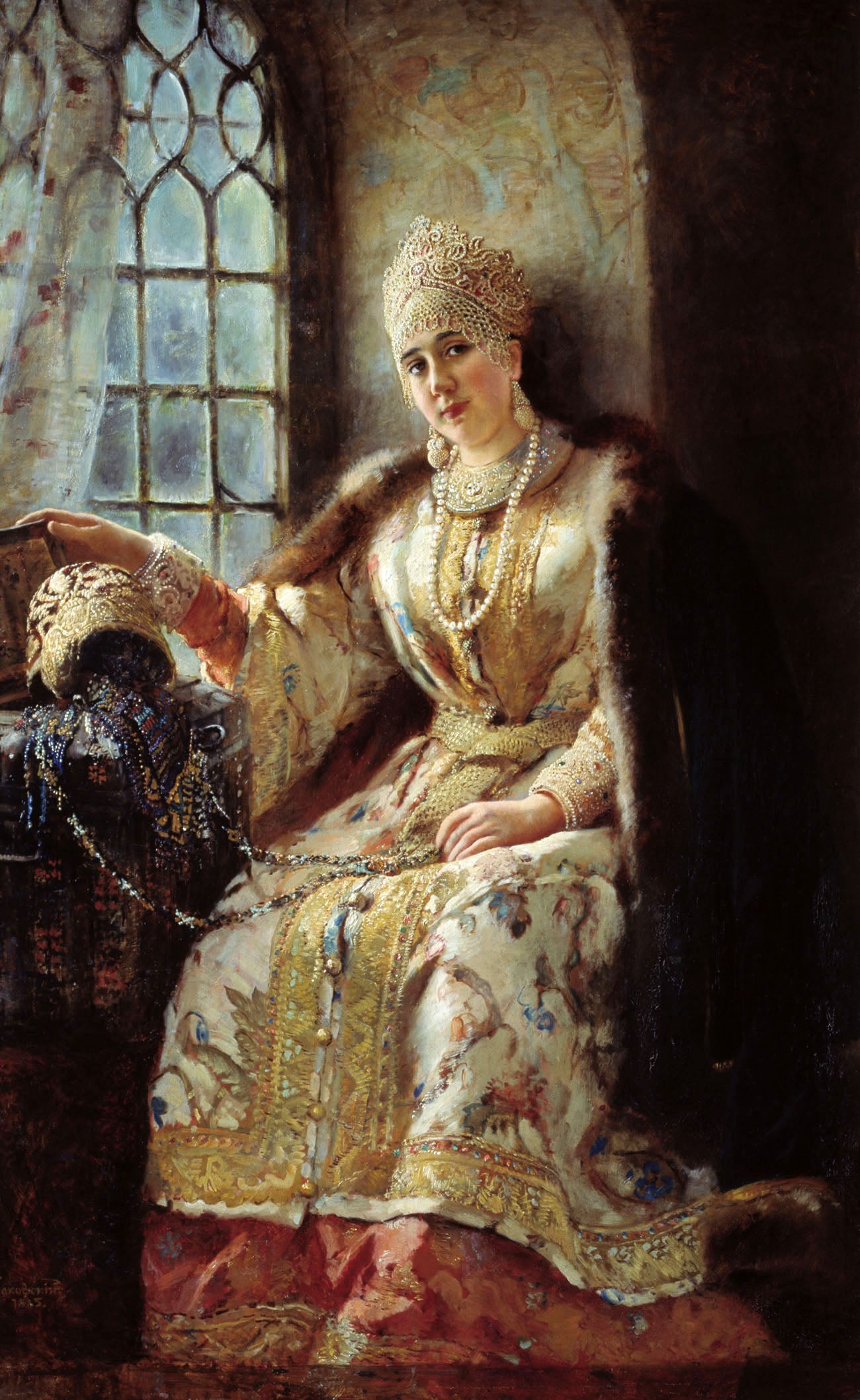 Boyarina at the Window, vintage artwork by Konstantin Yegorovich Makovsky, 12x8" (A4) Poster