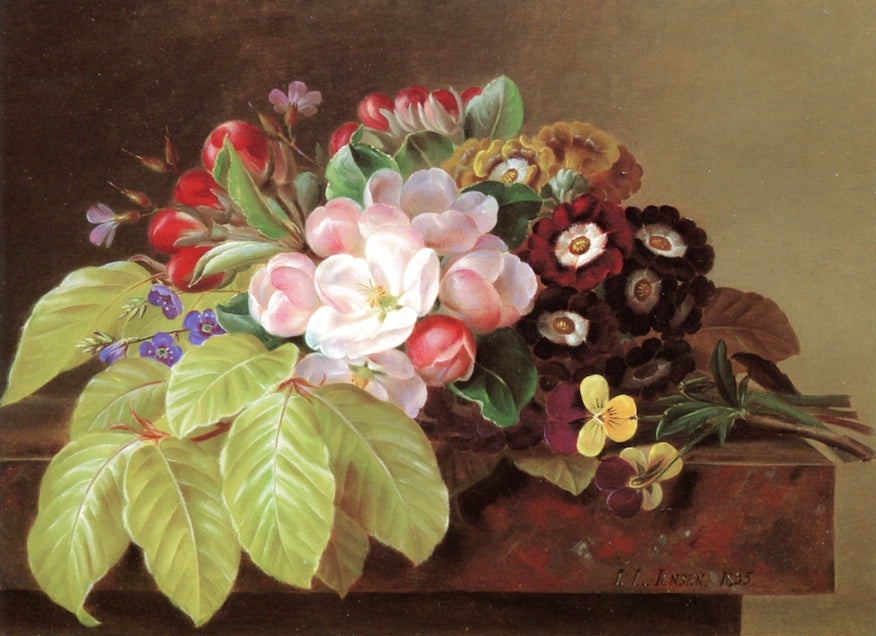 Pansies, Appleblossoms, Gloxinia, Phlox and Primula Auricula on a Brown Marble Ledge, vintage artwork by Johan Laurentz (J.L.) Jensen, A3 (16x12") Poster Print