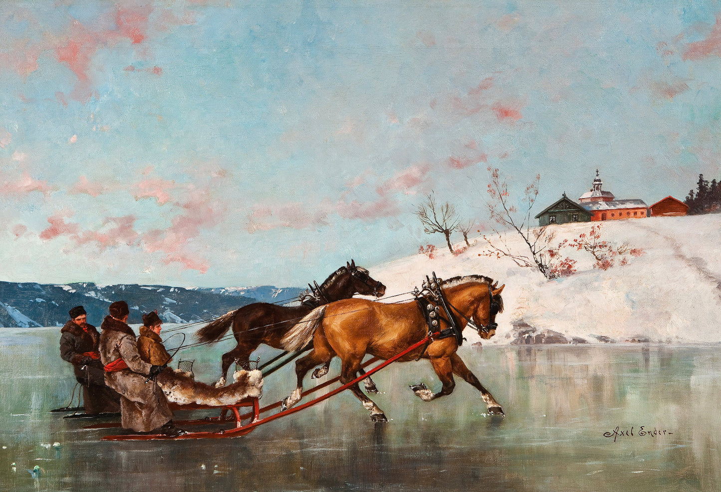 Speeding on ice with two sleds by Axel Hjalmar Ender,A3(16x12")Poster