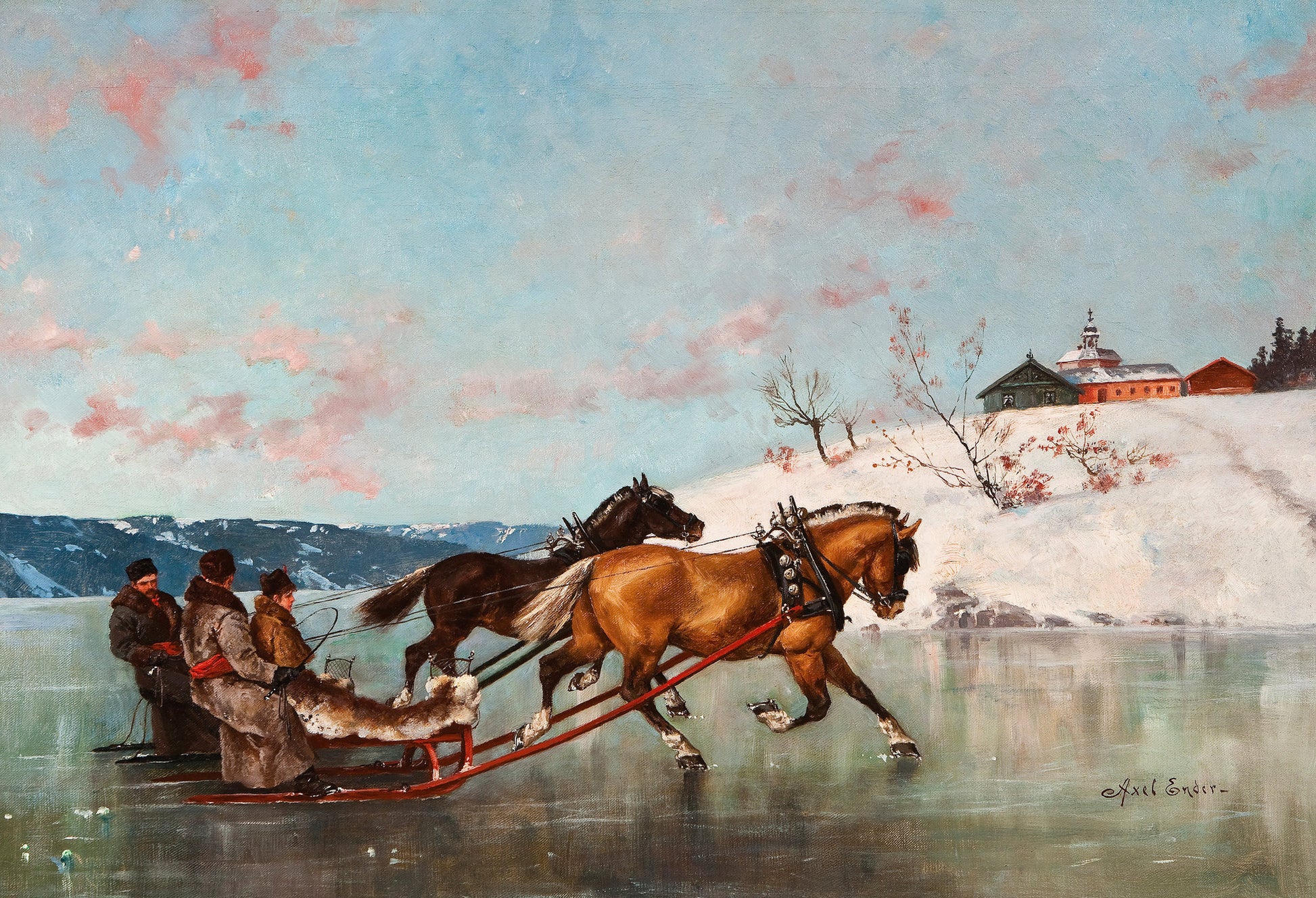 Speeding on ice with two sleds by Axel Hjalmar Ender,A3(16x12")Poster