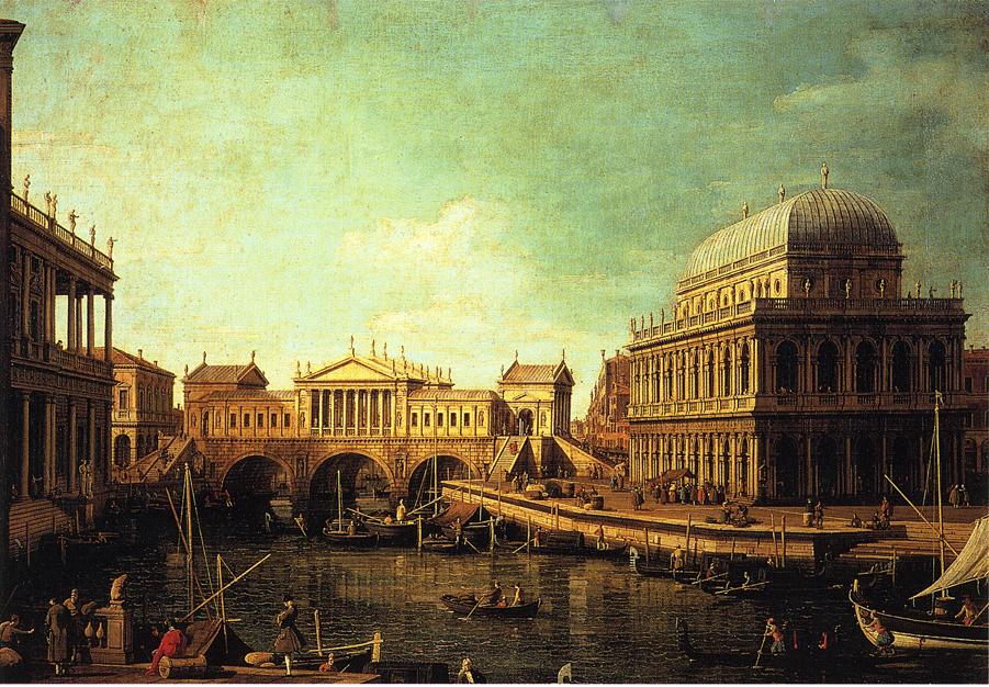 Basilica di Vecenza and the Ponte de Rialto, vintage artwork by Canaletto, 12x8" (A4) Poster