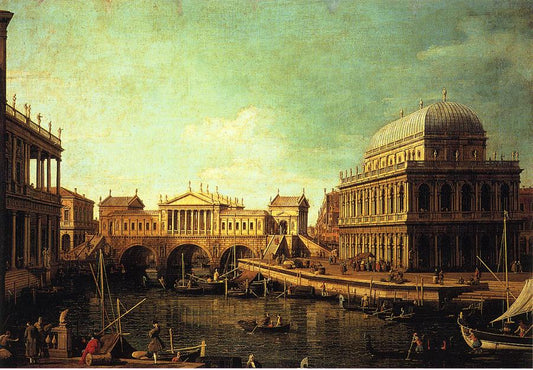 Basilica di Vecenza and the Ponte de Rialto, vintage artwork by Canaletto, 12x8" (A4) Poster