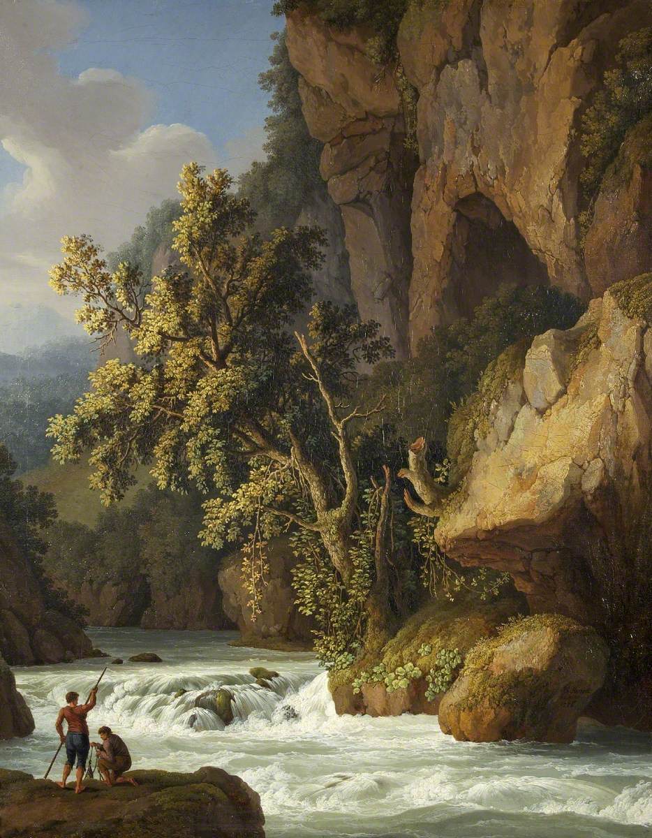 Rocky Landscape with Anglers, vintage artwork by Jakob Philipp Hackert, 12x8" (A4) Poster