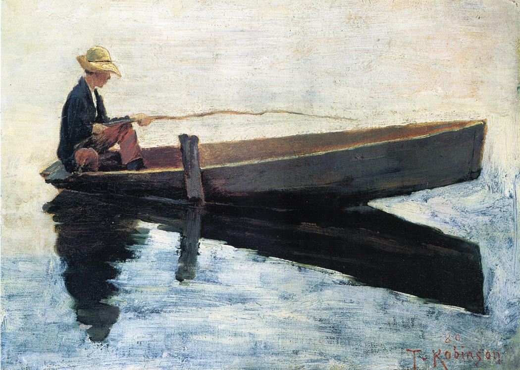Boy in a Boat Fishing, vintage artwork by Theodore Robinson, 12x8" (A4) Poster