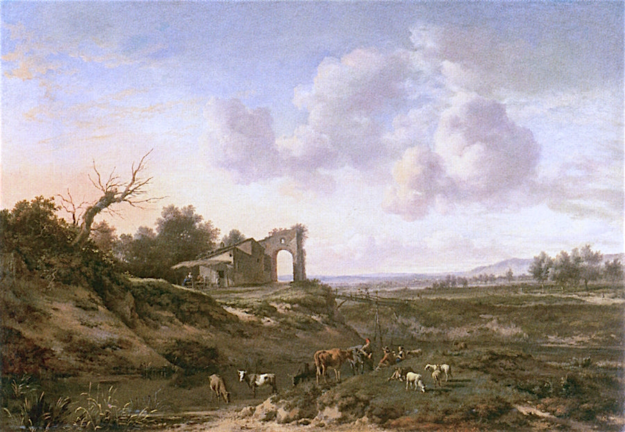 Dune Landscape with Herdsmen and Tavern, vintage artwork by Jan Wijnants, 12x8" (A4) Poster