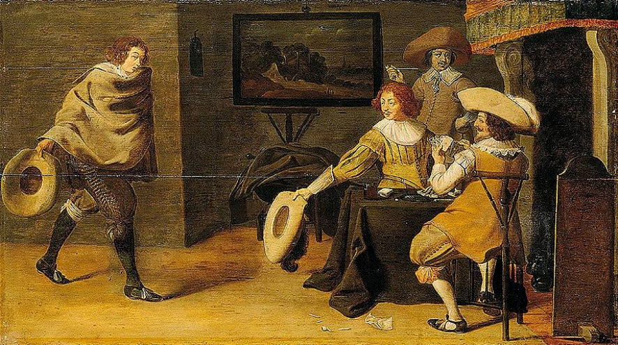 Guardroom Interior with Soldiers Playing Cards and Saluting, vintage artwork by Jan Olis, 12x8" (A4) Poster