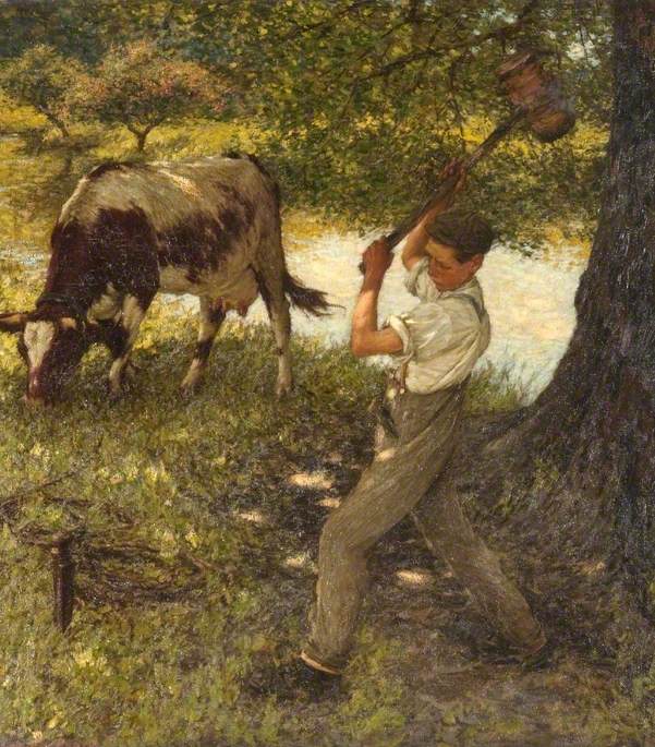 Stumping the Cow, vintage artwork by Henry Herbert la Thangue, 12x8" (A4) Poster