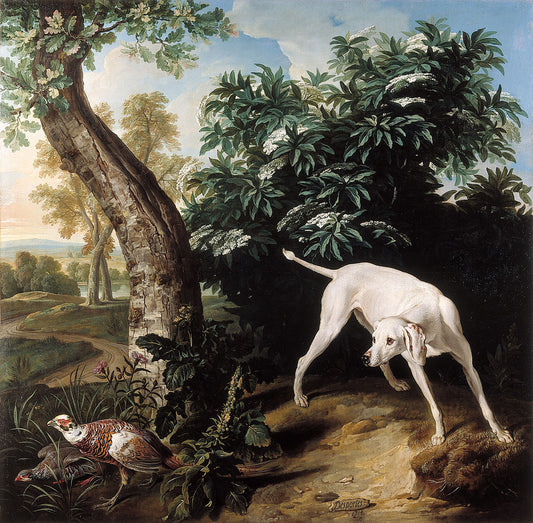 White Dog in Front of an Elder Bush, vintage artwork by François Desportes, 12x8" (A4) Poster