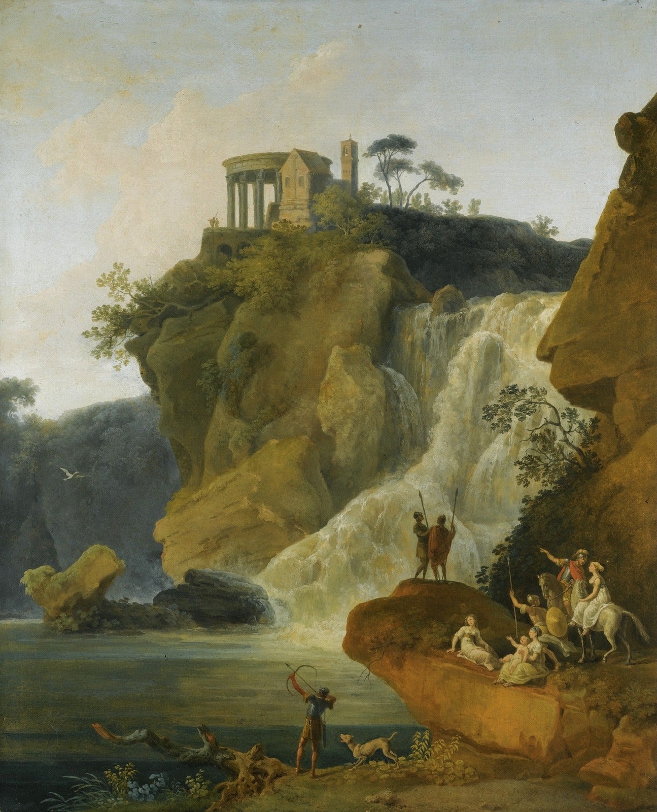 The Waterfalls At Tivoli With Figures Resting And Hunting, vintage artwork by Pierre-Jacques Volaire, 12x8" (A4) Poster