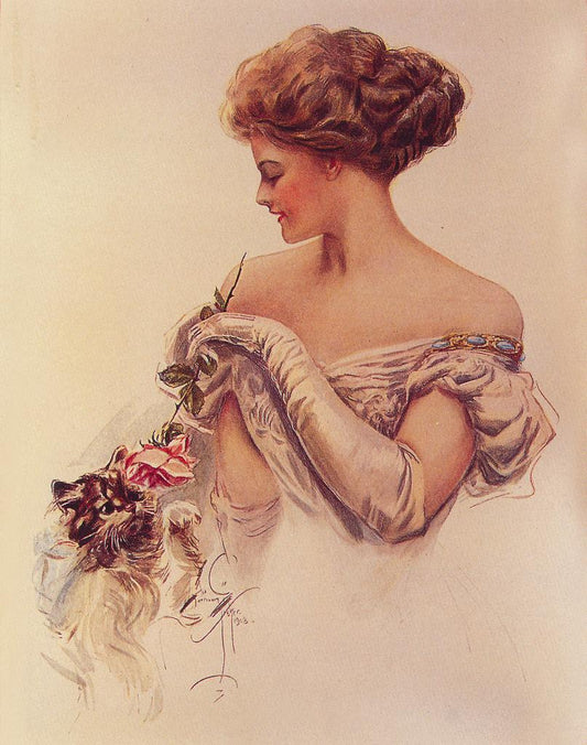 Pretty Woman Holding Kitten, vintage artwork by Harrison Fisher, 12x8" (A4) Poster