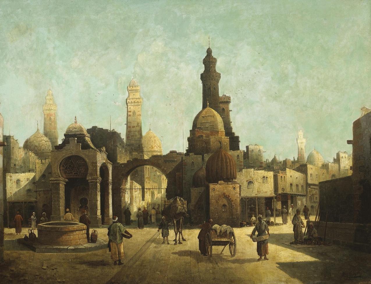 Figures outside a Egyptian Town, vintage artwork by August von Siegen, 12x8" (A4) Poster