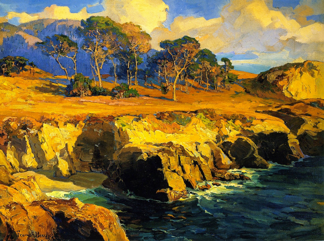 Gold-Rimmed Rocks and Sea, vintage artwork by Franz Bischoff, 12x8" (A4) Poster