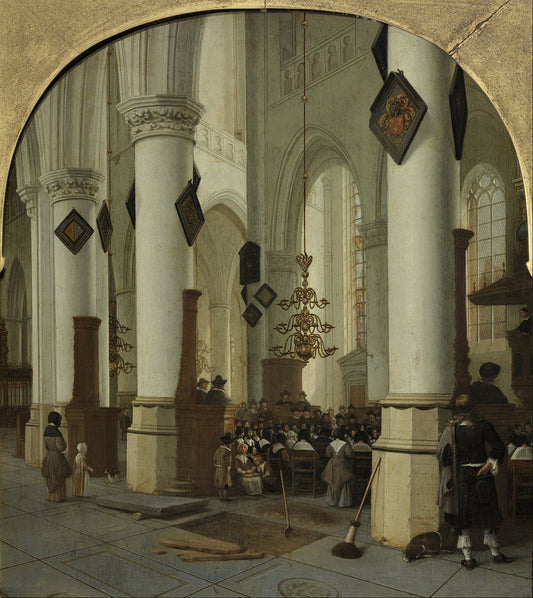 View inside the Saint Bavo Church in Haarlem During Mass, vintage artwork by Hendrick Cornelisz van Vliet, 12x8" (A4) Poster