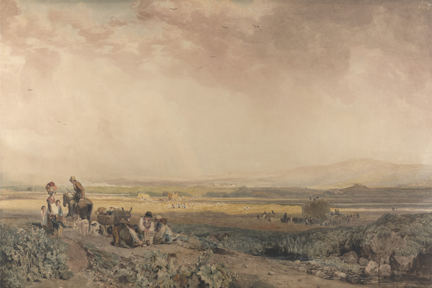 Harvesters in Landscape in Sussex, vintage artwork by Peter de Wint, 12x8" (A4) Poster
