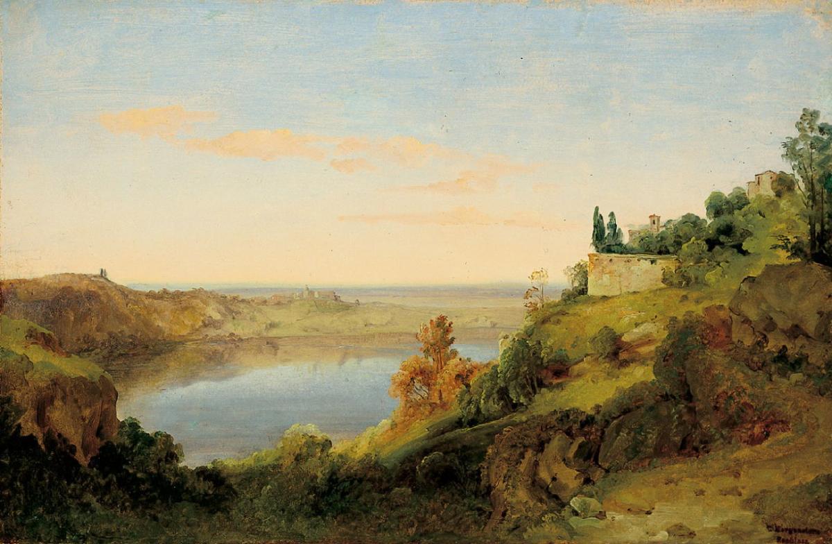 View of a Lake and Castle, vintage artwork by Carl Morgenstern, A3 (16x12") Poster Print