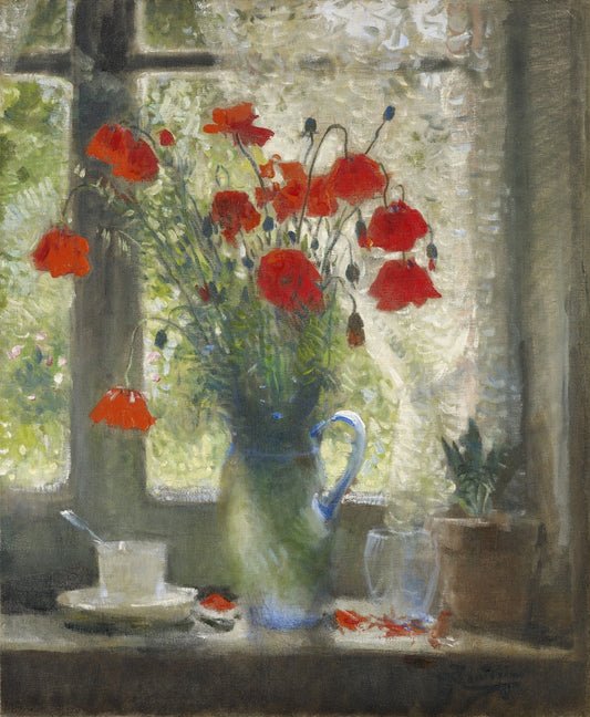 Bouquet of Poppies in Window, vintage artwork by Pierre-Eugène Montezin, 12x8" (A4) Poster