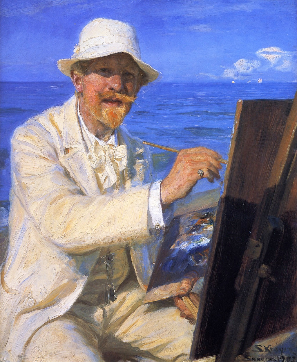 Self-Portrait, Sitting by  His Easel at Skagen Beach, vintage artwork by Peder Severin Kroyer, 12x8" (A4) Poster