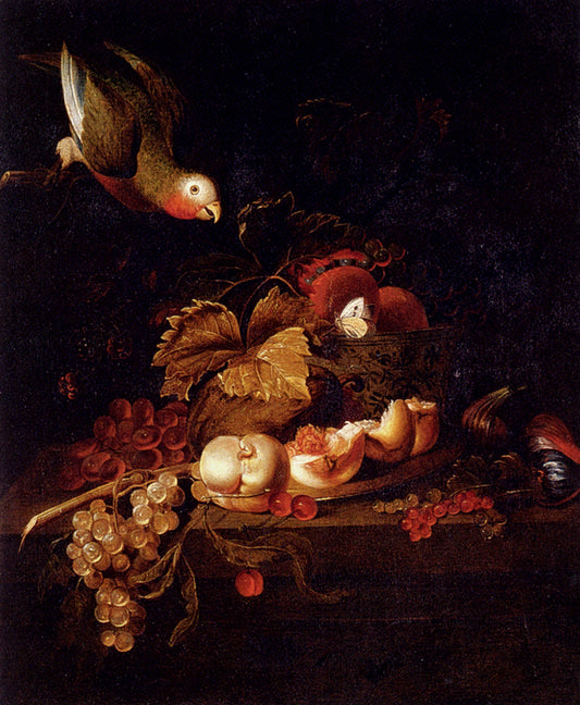 Still Life of Grapes, a Halved Peach and Cherries Resting on a Table with a Parrot, vintage artwork by Jakob Bogdány, 12x8" (A4) Poster