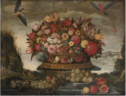 A Decorative Gold Vase On A Plinth With Garlands Of Flowers Including Lilies And Jonquils, vintage artwork by Tomàs Yepes, 12x8" (A4) Poster