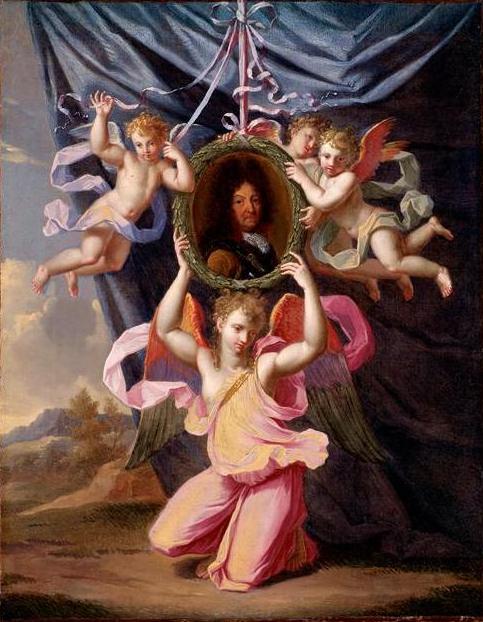 Angels Supporting an Oval Portrait of Louis XIV before a Draped Curtain in a Landscape, vintage artwork by Noël Coypel I, 12x8" (A4) Poster