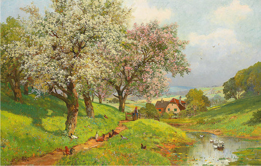 Hilly Landscape with Blossoming Fruit Trees, Farm, & Poultry, vintage artwork by Alwin Arnegger, 12x8" (A4) Poster