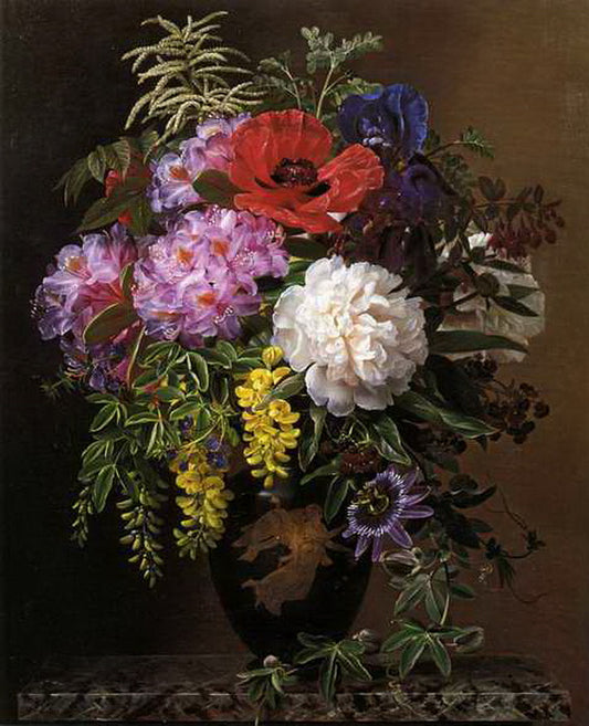 Red, Pink And White Roses And Orange, Yellow and Pink Primroses In An Etruscan Vase, vintage artwork by Johan Laurentz (J.L.) Jensen, A3 (16x12") Poster Print
