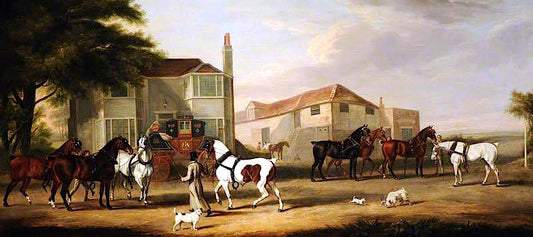 Changing Horses, the Exeter to London Mail; Sir Henry Paton, Bt, Leading the Horse, vintage artwork by William Henry Davis, 12x8" (A4) Poster