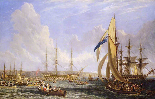 The 'Bellerophon' with Napoleon Aboard at Plymouth, vintage artwork by John James Chalon, 12x8" (A4) Poster