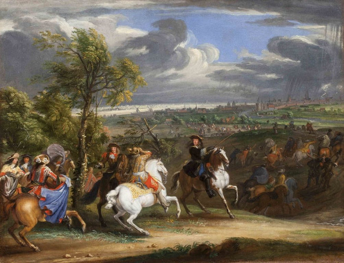 Louis XIV with his Army at the Siege of Courtrai in 1667, vintage artwork by Adam Frans van der Meulen, 12x8