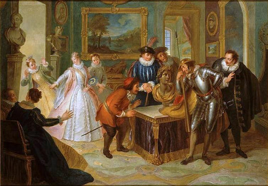 Story of Don Quixote - Don Quixote Consulting the Inchanted Head, at the House of Don Antonia Mereno, vintage artwork by Charles-Antoine Coypel IV, 12x8" (A4) Poster