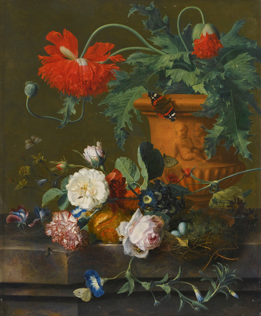 Still Life of Poppies in a Terracota Vase, Roses, a Carnation and Other Flowers, vintage artwork by Jan van Huysum, 12x8" (A4) Poster