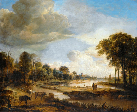 A River Landscape with Figures and Cattle, vintage artwork by Aert van der Neer, 12x8" (A4) Poster
