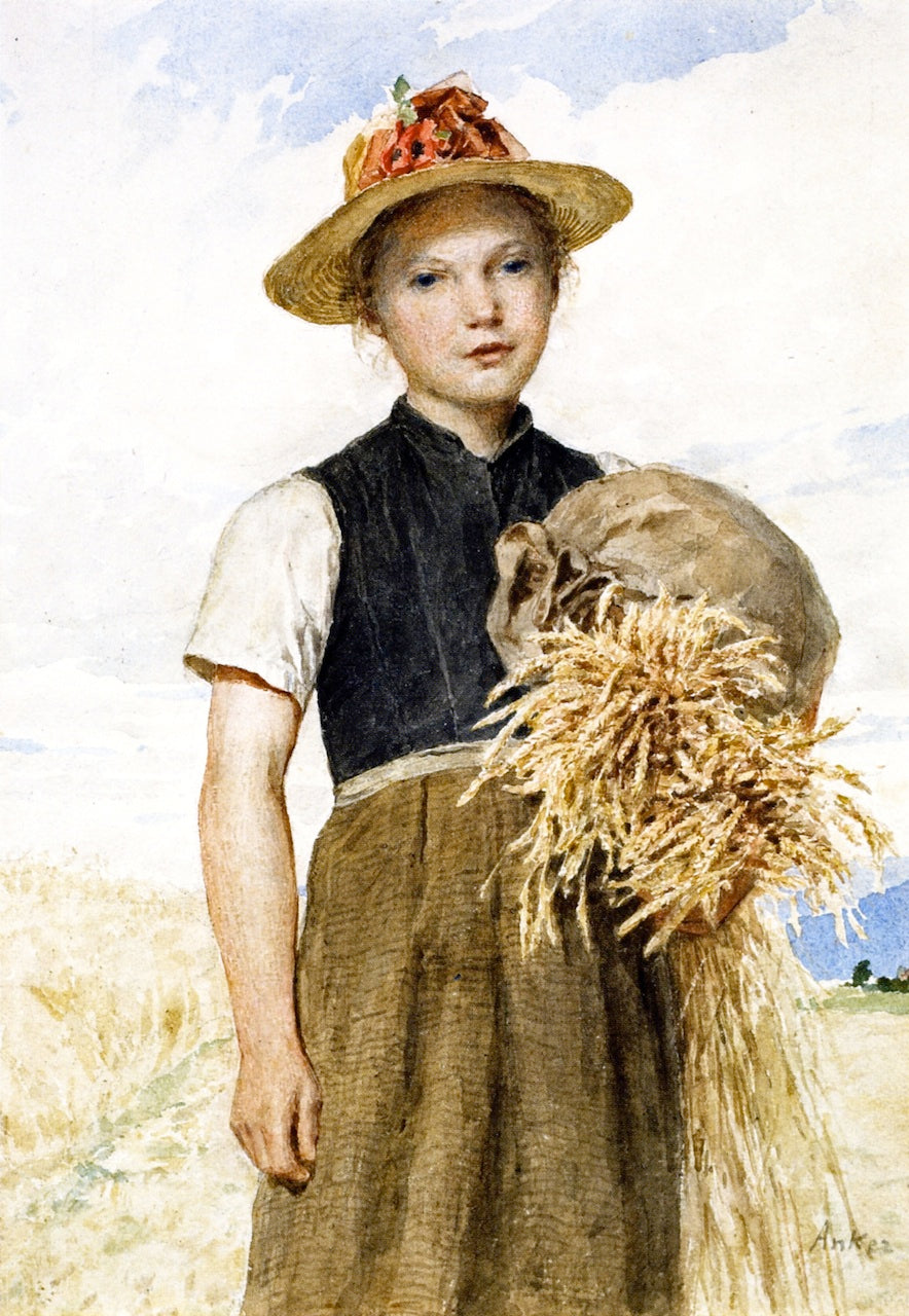 Girl with Sheaves, vintage artwork by Albert Anker, 12x8" (A4) Poster