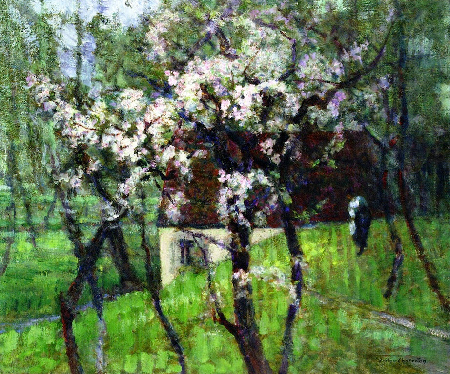 Flowering Apple Trees in a Damp Meadow, vintage artwork by Victor Charreton, 12x8" (A4) Poster