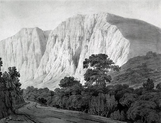 A hilly landscape with a winding road, vintage artwork by John Robert Cozens, 12x8" (A4) Poster