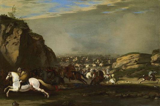 Cavalry battle between Turks and Christians, vintage artwork by Aniello Falcone, 12x8" (A4) Poster