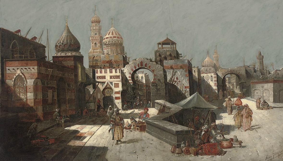 Traders at the City Gates, vintage artwork by August von Siegen, 12x8" (A4) Poster