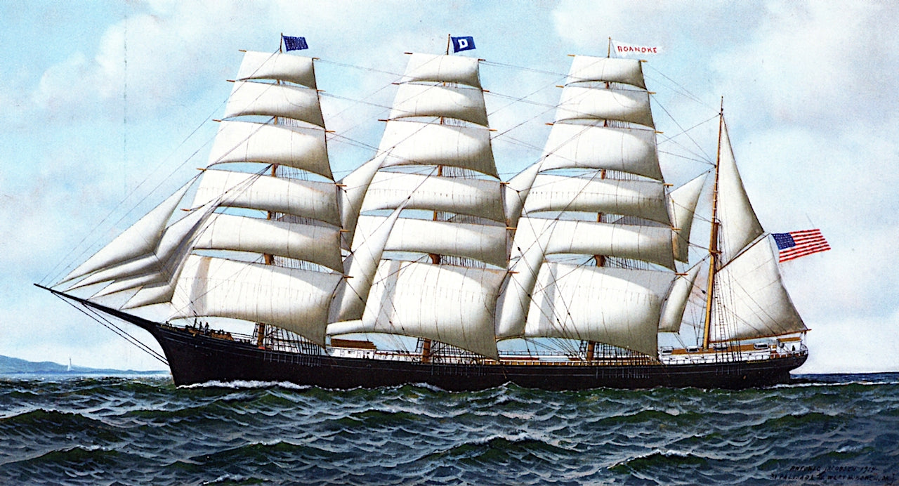 The Four-Masted Barque , vintage artwork by Antonio Jacobsen, 12x8" (A4) Poster