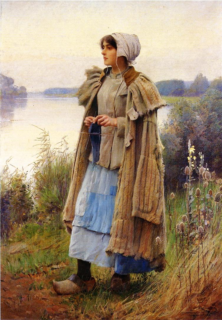 Knitting in the Fields, vintage artwork by Charles Sprague Pearce, 12x8" (A4) Poster