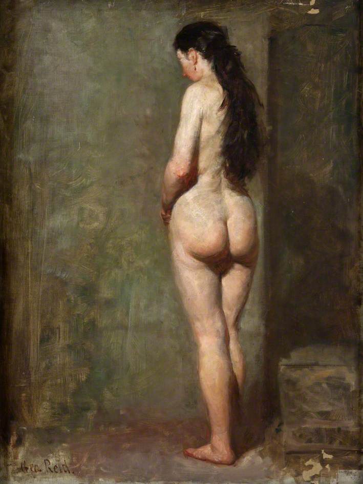 Standing Female Nude with Long Brown Hair, vintage artwork by George Ogilvy Reid, 12x8" (A4) Poster