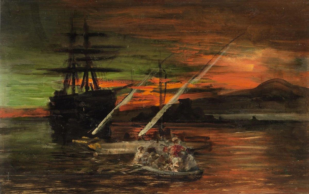 Ghostship in the Gulf on Naples, vintage artwork by Oswald Achenbach, 12x8" (A4) Poster