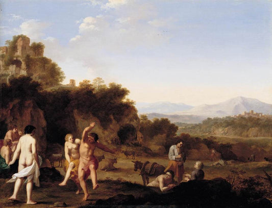 Italian Landscape with Dancing Figures, vintage artwork by Cornelis van Poelenburgh, 12x8" (A4) Poster