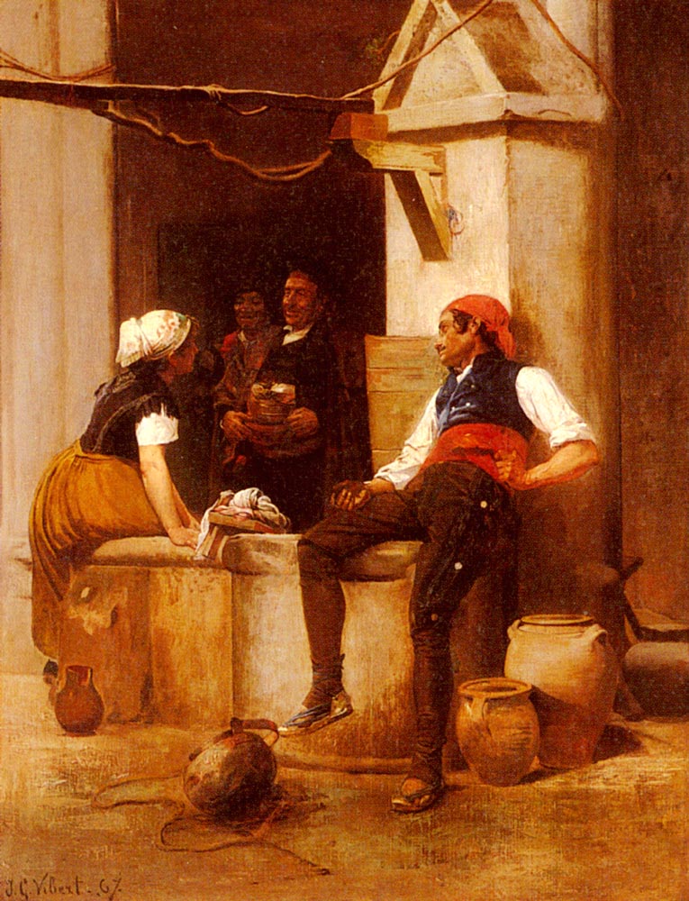 Chatting by  the Fountain, vintage artwork by Jehan-Georges Vibert, 12x8" (A4) Poster