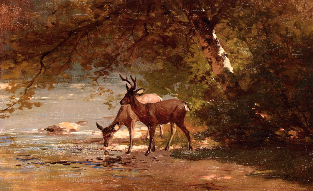 Deer in a Landscape, vintage artwork by Thomas Hill, 12x8" (A4) Poster