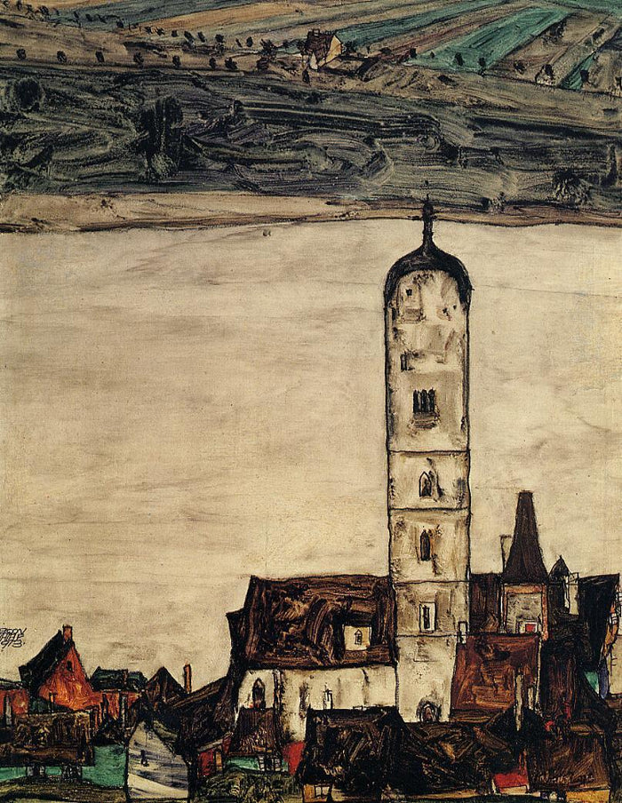 Church in Stein on the Danube, vintage artwork by Egon Schiele, 12x8