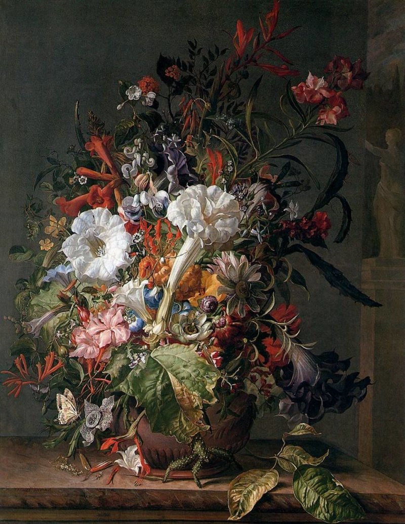 Flowers in a stoneware vase on a marble ledge, vintage artwork by Rachel Ruysch, 12x8" (A4) Poster